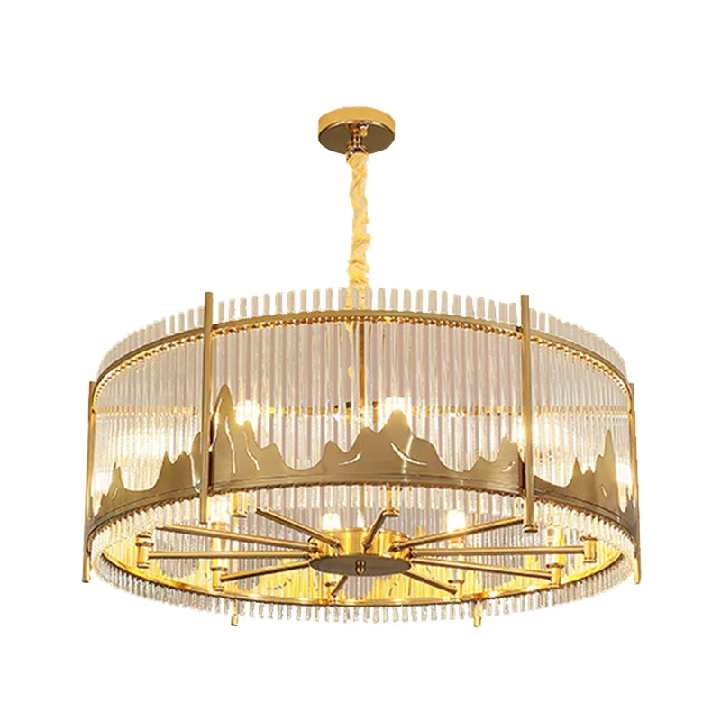 Strip kristallen gouden plafondkroonluchter trommelvorm 8-lichts modernistische hangende hanger met bergpatroon Clearhalo
