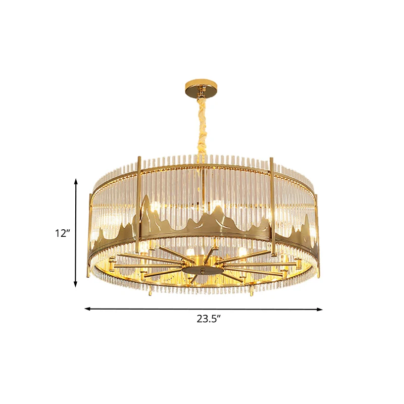 Strip kristallen gouden plafondkroonluchter trommelvorm 8-lichts modernistische hangende hanger met bergpatroon Clearhalo