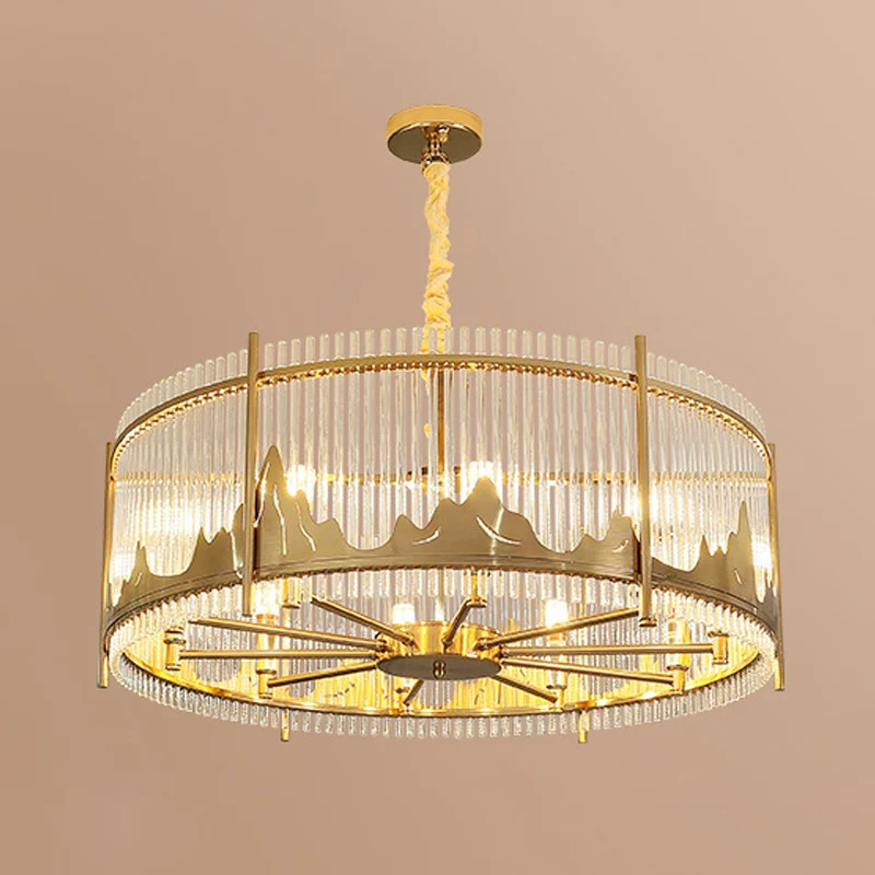Strip kristallen gouden plafondkroonluchter trommelvorm 8-lichts modernistische hangende hanger met bergpatroon Clearhalo