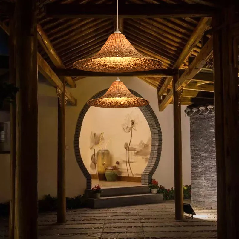 Strohoed-plafondlamp Aziatische stijl Bamboe 1-lamps hangend restaurantlichtarmatuur hout Clearhalo