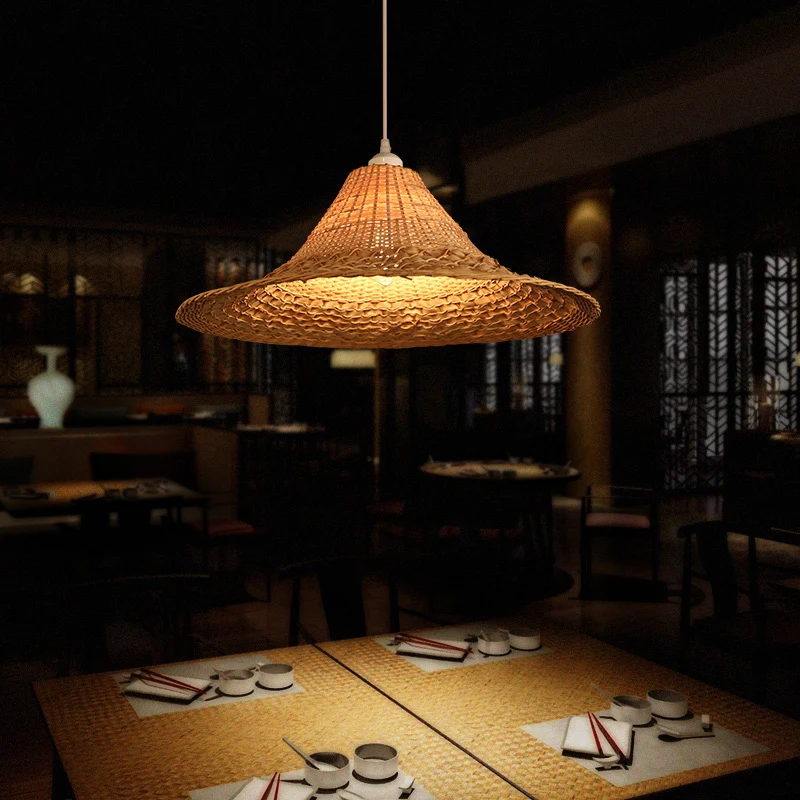 Strohoed-plafondlamp Aziatische stijl Bamboe 1-lamps hangend restaurantlichtarmatuur hout Clearhalo