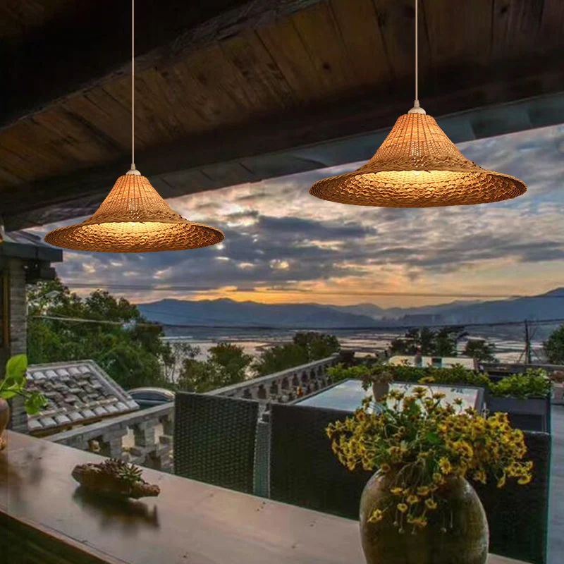 Strohoed-plafondlamp Aziatische stijl Bamboe 1-lamps hangend restaurantlichtarmatuur hout Clearhalo