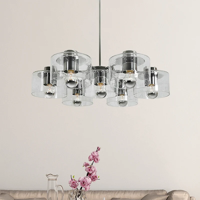 Studeerkamer Drum Hanglamp Helder Glas 7 Hoofden Eenvoudige Stijl Chrome E27 Kroonluchter Clearhalo