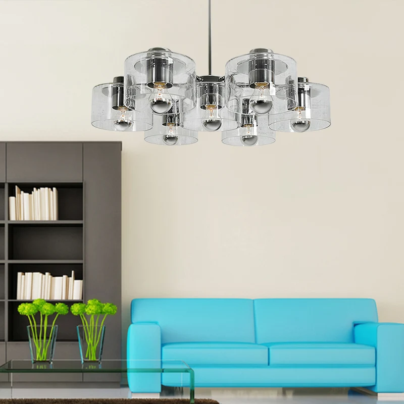 Studeerkamer Drum Hanglamp Helder Glas 7 Hoofden Eenvoudige Stijl Chrome E27 Kroonluchter Clearhalo