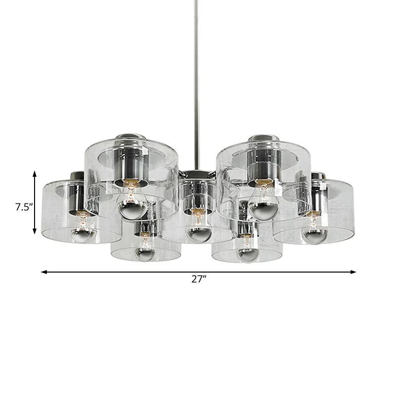 Studeerkamer Drum Hanglamp Helder Glas 7 Hoofden Eenvoudige Stijl Chrome E27 Kroonluchter Clearhalo