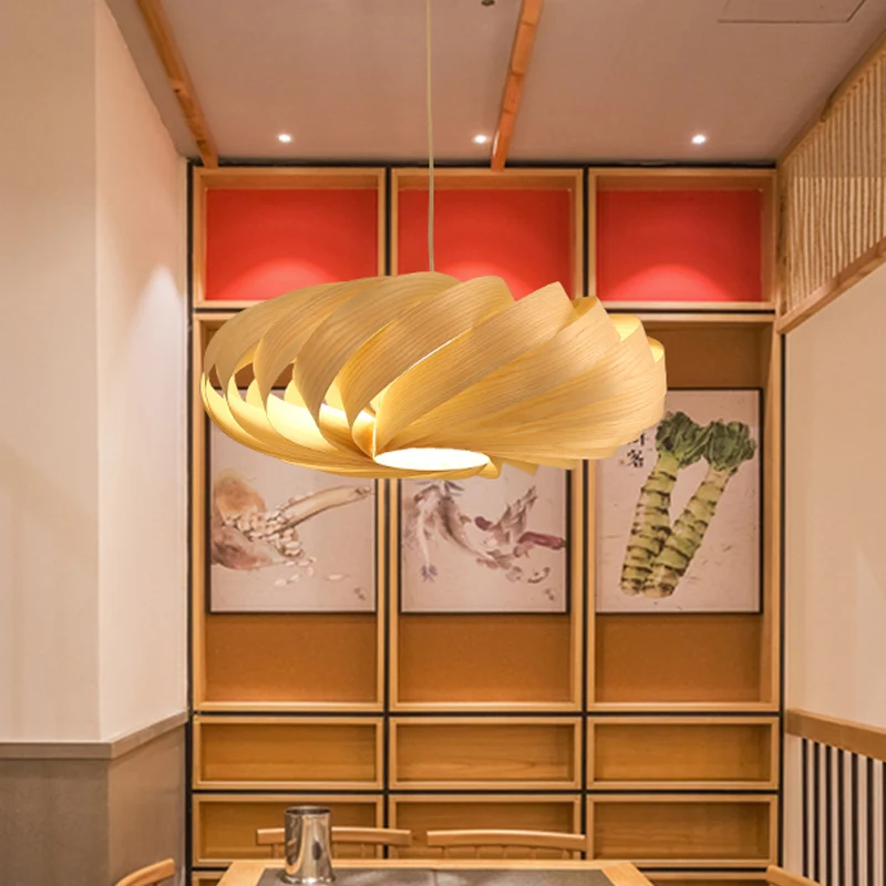 Swirl Houten Hanglamp Japanse 1 Kop Beige Plafondophanglamp voor Restaurant Clearhalo