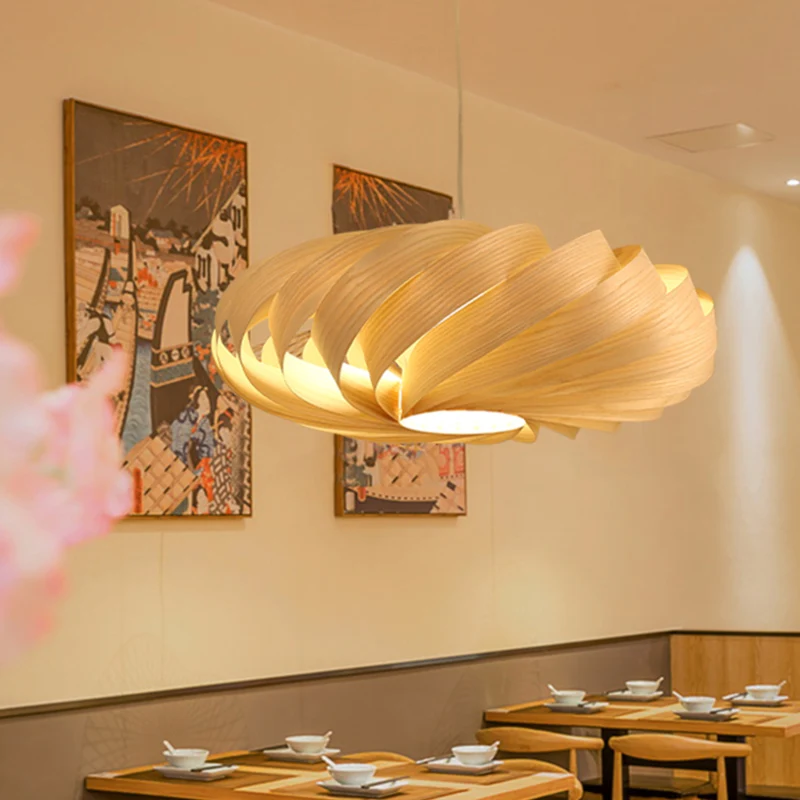 Swirl Houten Hanglamp Japanse 1 Kop Beige Plafondophanglamp voor Restaurant Clearhalo