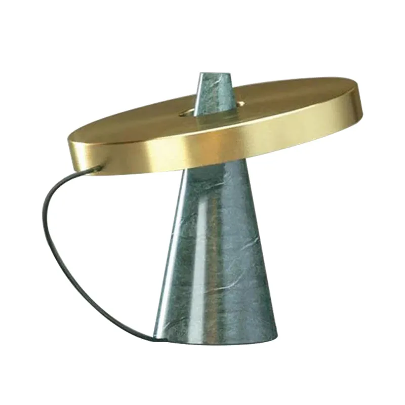 Tafellamp met metallic rond paneel, moderne bureaulamp met 1 kop, goudkleurige afwerking en voet van kegel-aqua-marmer Cle...