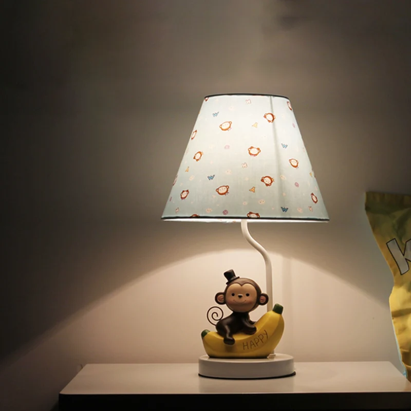 Tafellamp met stoffen bloemenkap en bananenaap voor kinderkamer, cartoonleeslamp met 1 lamp beige Clearhalo