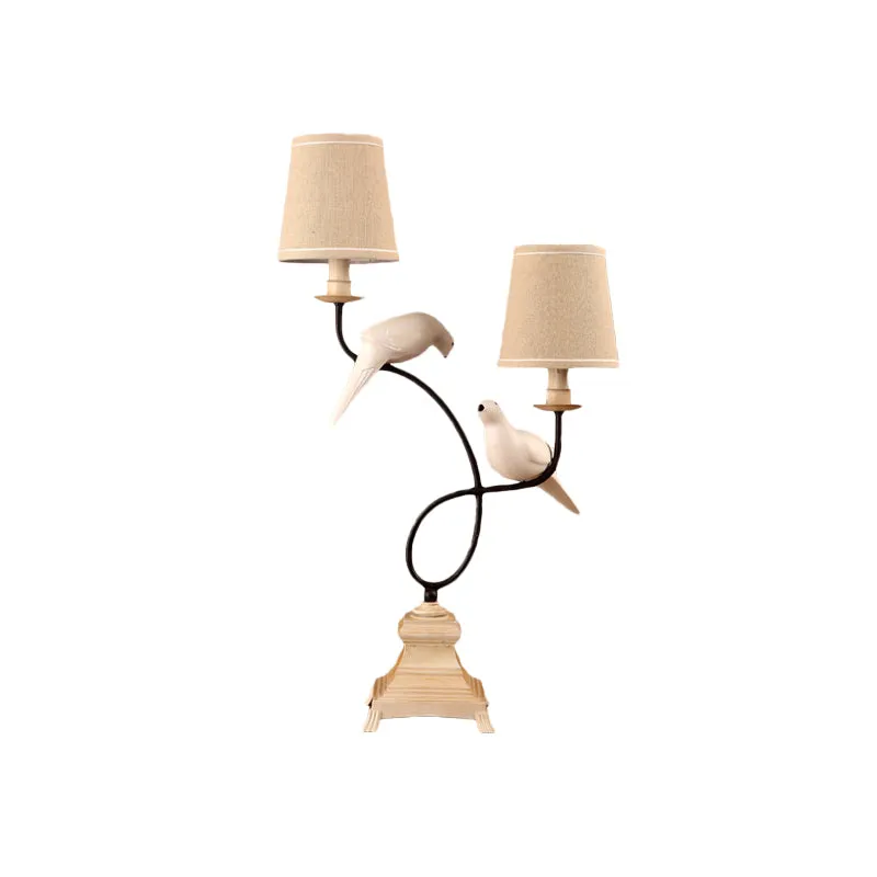 Tafellamp met stoffen ton, modern, 2 lampen, vlasleeslamp met duivendeco Clearhalo