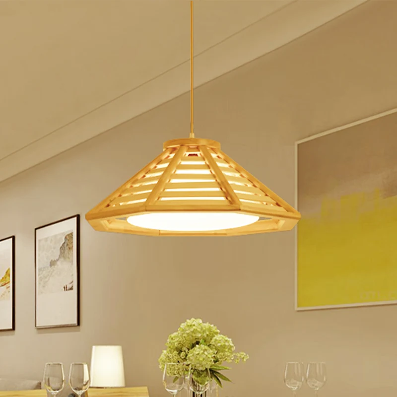 Taps toelopende hanglamp Aziatisch hout 1 lamp 14"/19,5" brede beige hanglamp met witte stoffen binnenkap Clearhalo