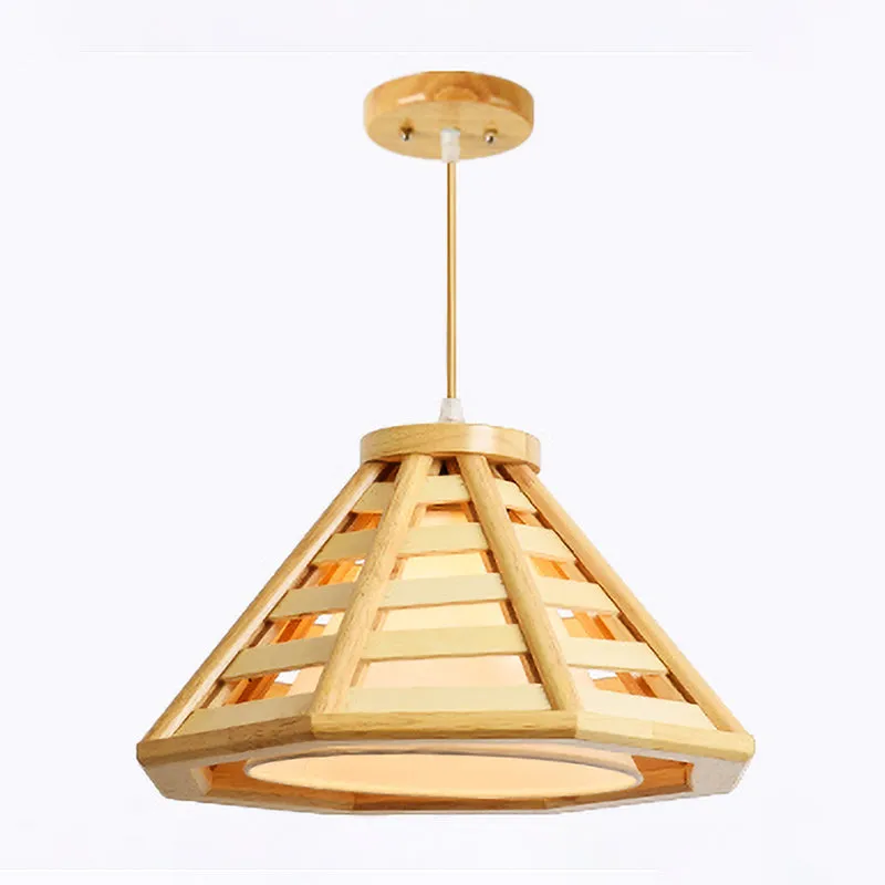 Taps toelopende hanglamp Aziatisch hout 1 lamp 14"/19,5" brede beige hanglamp met witte stoffen binnenkap Clearhalo