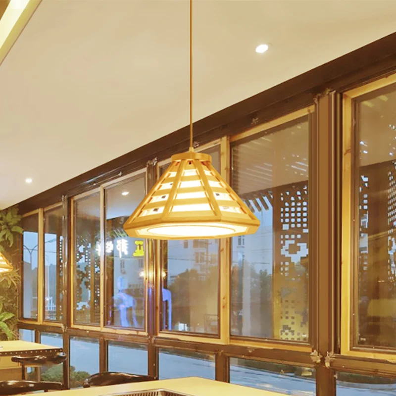 Taps toelopende hanglamp Aziatisch hout 1 lamp 14"/19,5" brede beige hanglamp met witte stoffen binnenkap Clearhalo