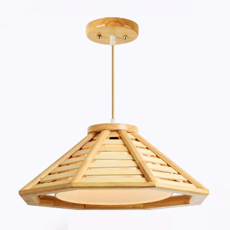 Taps toelopende hanglamp Aziatisch hout 1 lamp 14"/19,5" brede beige hanglamp met witte stoffen binnenkap Clearhalo
