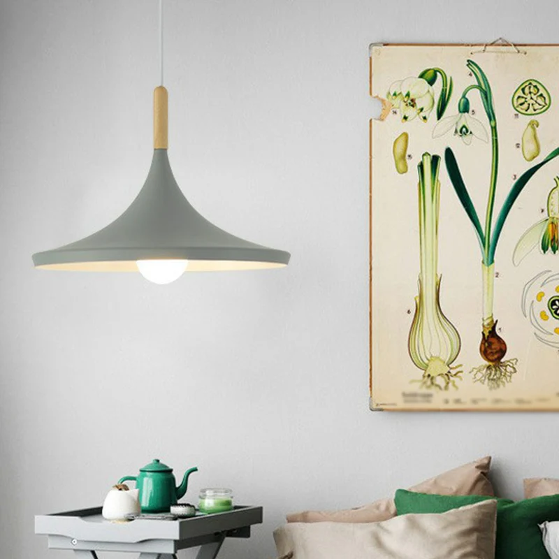 Taps toelopende kap hanglamp Macaron aluminium 1-lamps nachtkastlamp met houten blad Clearhalo