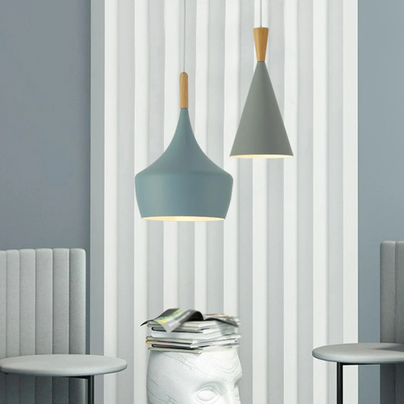 Taps toelopende kap hanglamp Macaron aluminium 1-lamps nachtkastlamp met houten blad Clearhalo