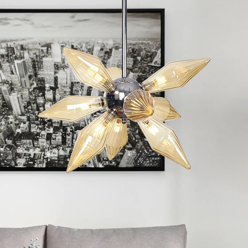 Taps toelopende kroonluchter modernistisch amber geribbeld glas 9 koppen eetkamer hanglampset Clearhalo