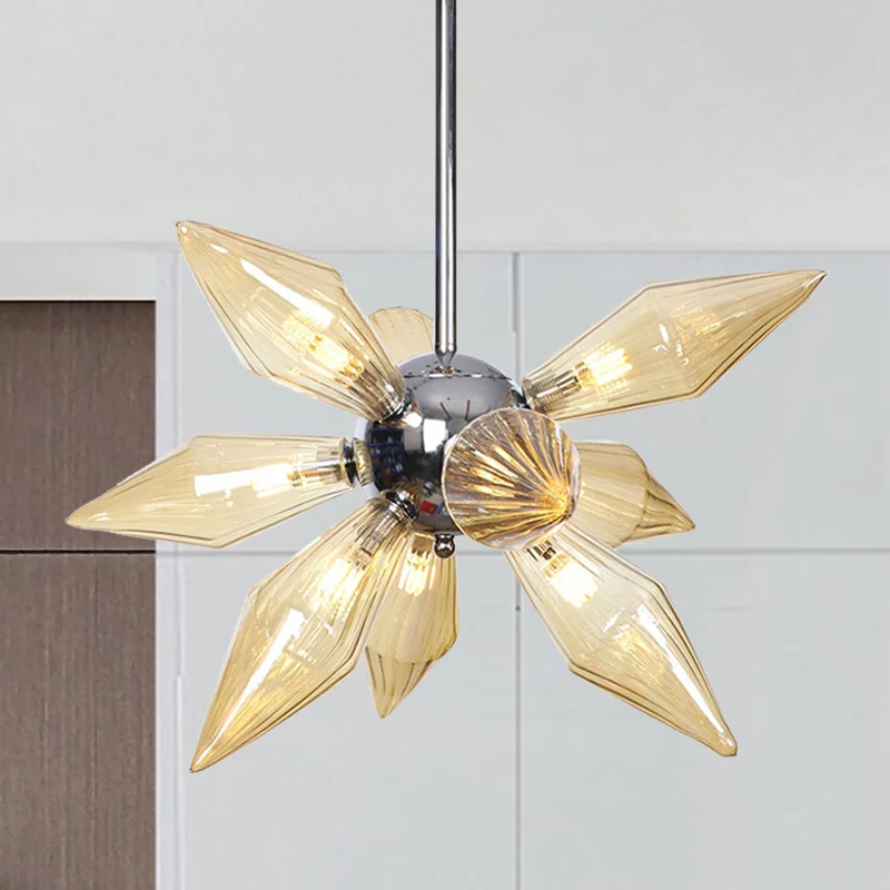 Taps toelopende kroonluchter modernistisch amber geribbeld glas 9 koppen eetkamer hanglampset Clearhalo