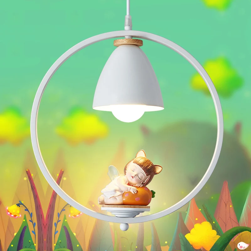 Taps toelopende lampenkap, metallic hanglamp, witte hanglamp voor kinderen, enkele structuur, met halo-ring en harsbeeldje...