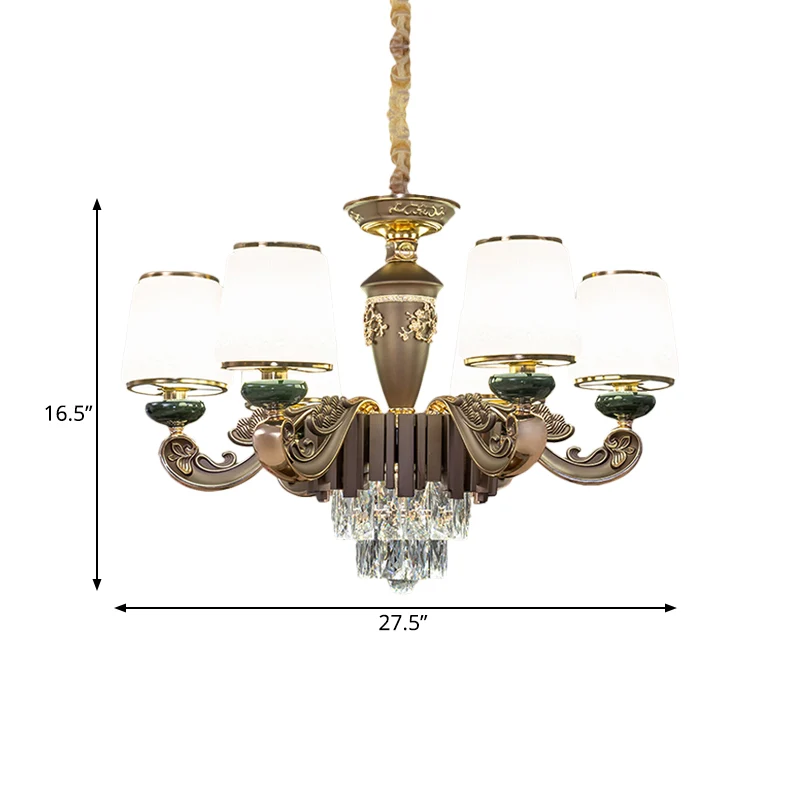 Taps toelopende opaalglazen kroonluchter Traditionele 6-kops eetkamer hanglamp bruin met K9 kristallen inzetstuk Clearhalo