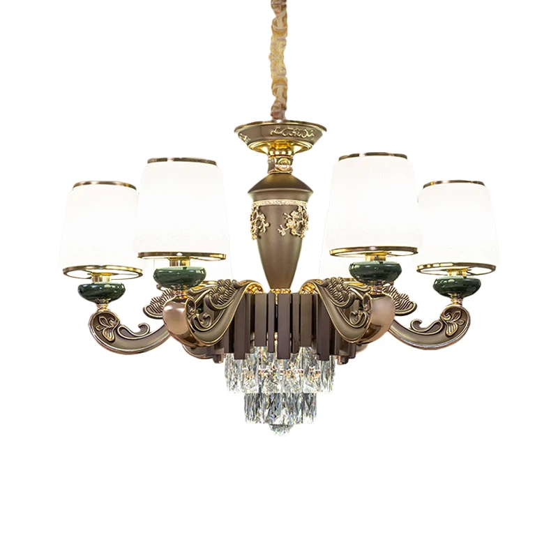 Taps toelopende opaalglazen kroonluchter Traditionele 6-kops eetkamer hanglamp bruin met K9 kristallen inzetstuk Clearhalo