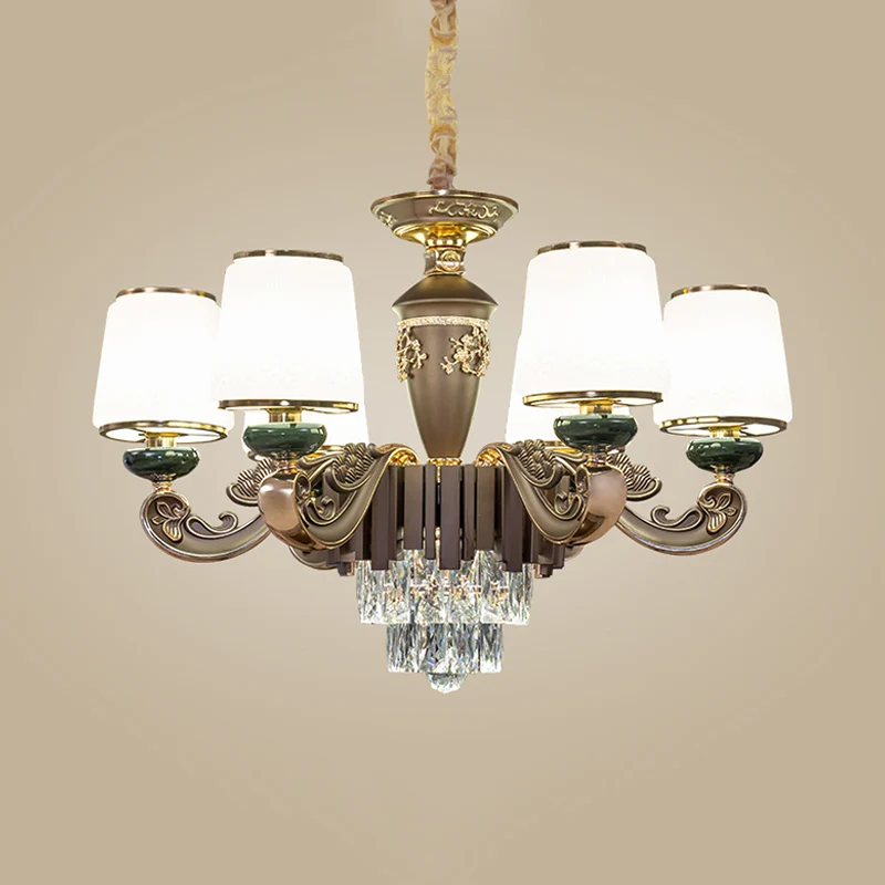Taps toelopende opaalglazen kroonluchter Traditionele 6-kops eetkamer hanglamp bruin met K9 kristallen inzetstuk Clearhalo