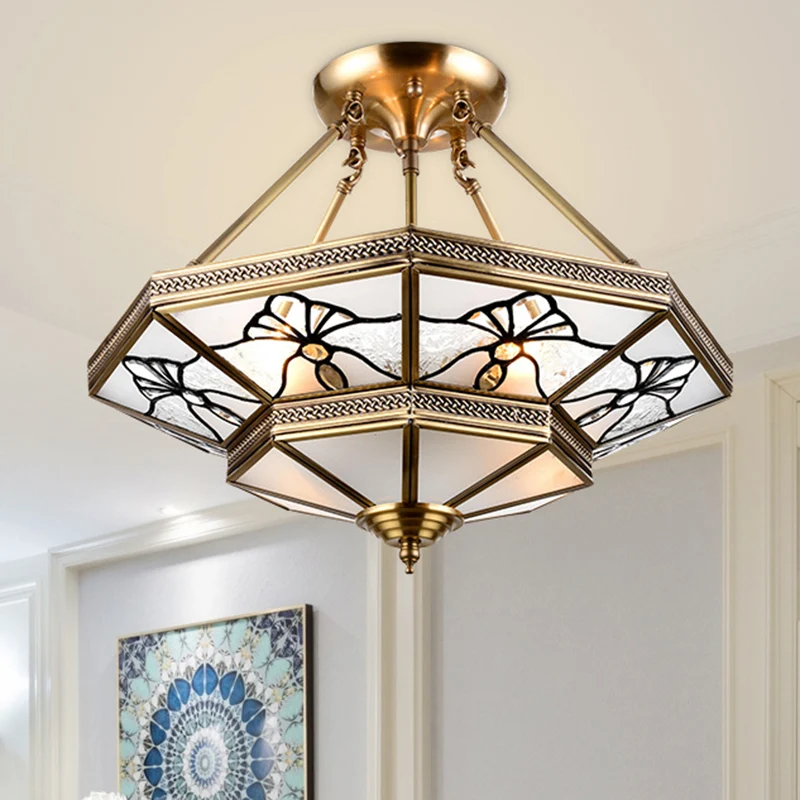 Taps toelopende salonlamp Platteland Crèmekleurig glas 4-lichts messing semi-inbouwmontage met libellepatroon Clearhalo