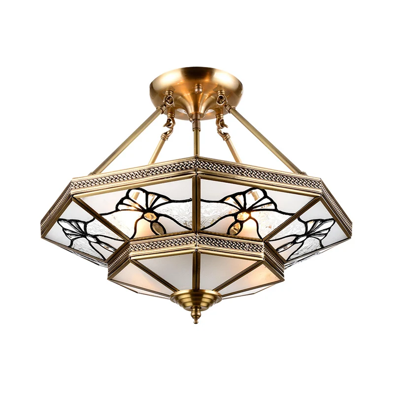 Taps toelopende salonlamp Platteland Crèmekleurig glas 4-lichts messing semi-inbouwmontage met libellepatroon Clearhalo