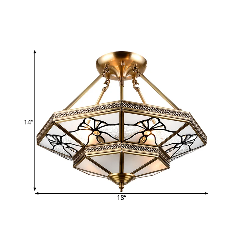 Taps toelopende salonlamp Platteland Crèmekleurig glas 4-lichts messing semi-inbouwmontage met libellepatroon Clearhalo