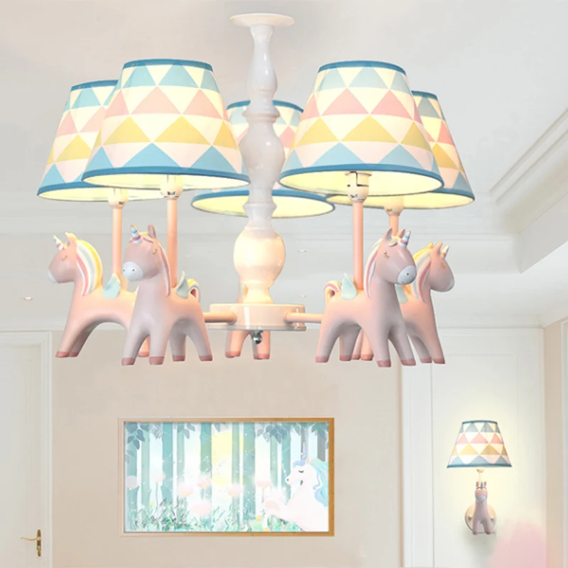 Taps toelopende schaduw kinderkamer hanglamp patroon stof kinderkroonluchter licht met decoratieve eenhoorn Clearhalo