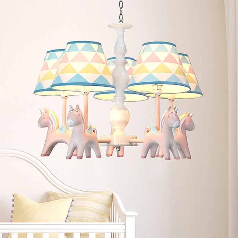 Taps toelopende schaduw kinderkamer hanglamp patroon stof kinderkroonluchter licht met decoratieve eenhoorn Clearhalo