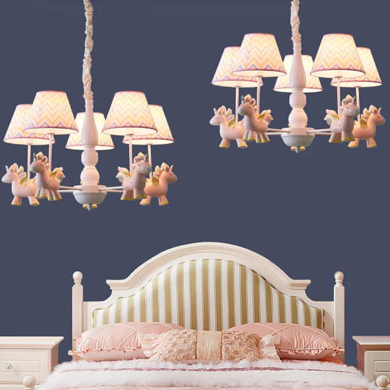 Taps toelopende schaduw kroonluchter Kid stof 5 lampen roze hanglamp met eenhoornbeeldje Clearhalo
