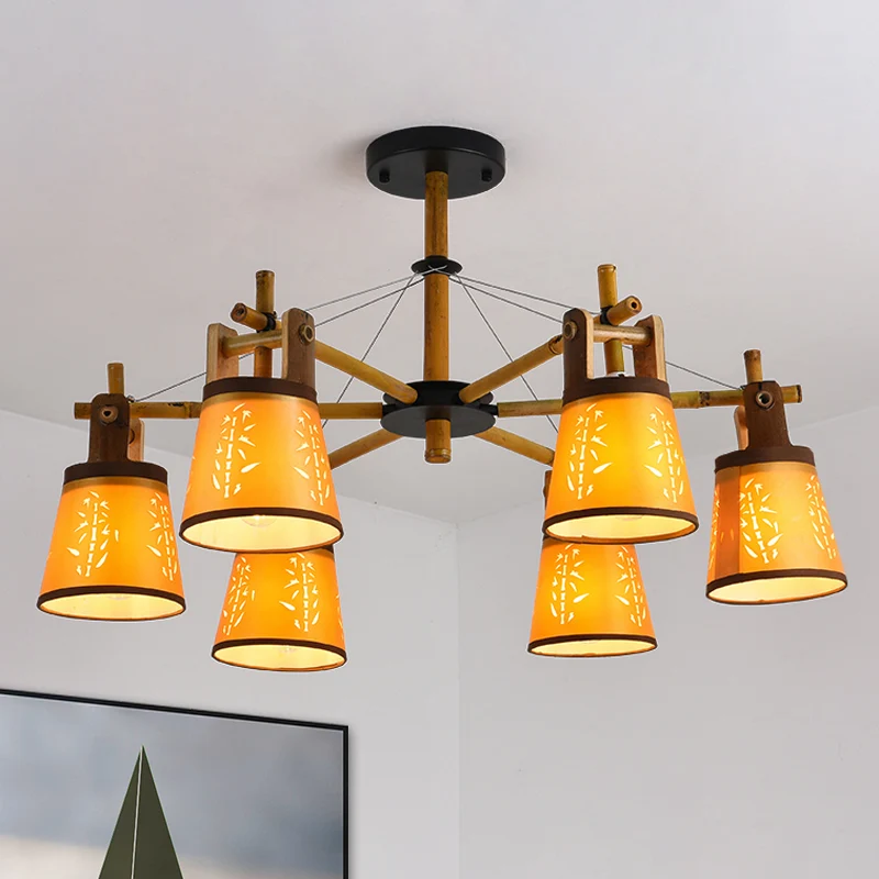Taps toelopende stoffen kroonluchter landelijke stijl, 3/6/8 lampen, hanglamp voor woonkamer, met houten plankontwerp Clea...