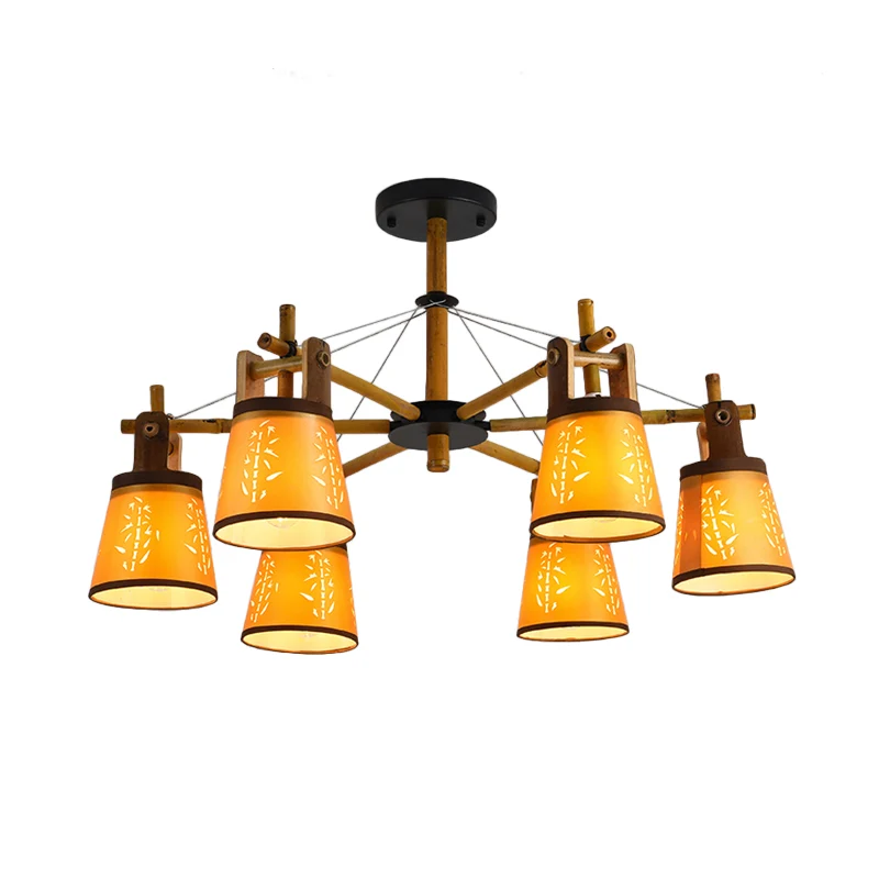 Taps toelopende stoffen kroonluchter landelijke stijl, 3/6/8 lampen, hanglamp voor woonkamer, met houten plankontwerp Clea...