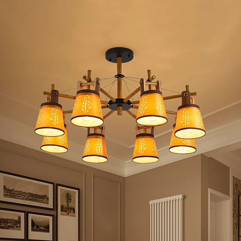 Taps toelopende stoffen kroonluchter landelijke stijl, 3/6/8 lampen, hanglamp voor woonkamer, met houten plankontwerp Clea...