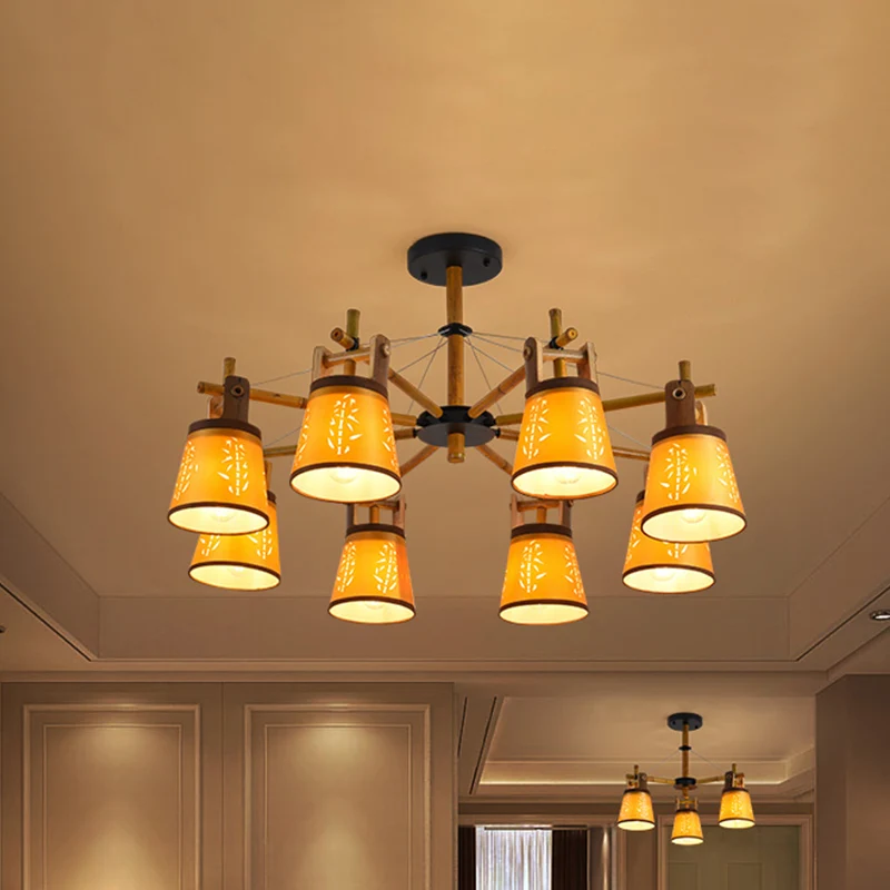 Taps toelopende stoffen kroonluchter landelijke stijl, 3/6/8 lampen, hanglamp voor woonkamer, met houten plankontwerp Clea...