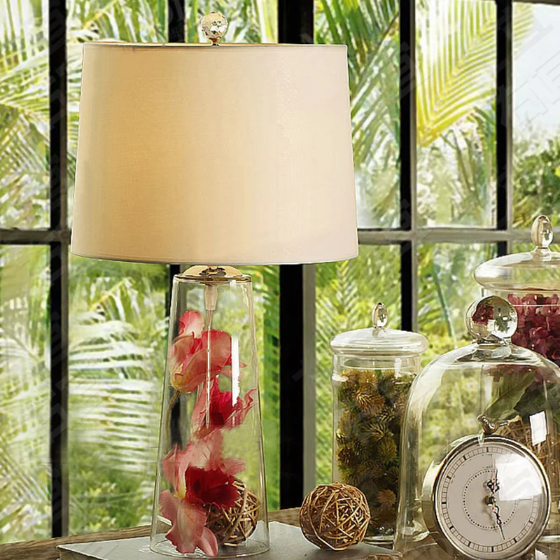 Taps toelopende tafellamp Modern helder mondgeblazen glas Enkele woonkamer nachtkastjeverlichting met stoffen kap wit Clea...