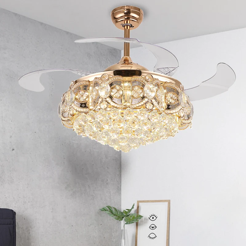 Taps toelopende weelderige kristallen bol binnenventilator licht moderniteit LED gouden afwerking plafondlamp met afstands...