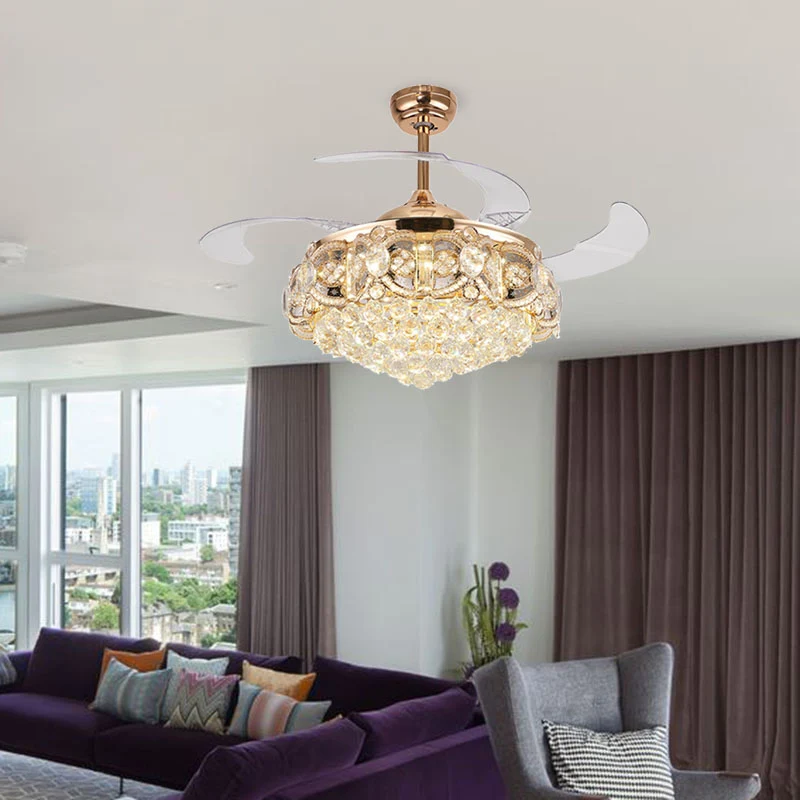Taps toelopende weelderige kristallen bol binnenventilator licht moderniteit LED gouden afwerking plafondlamp met afstands...