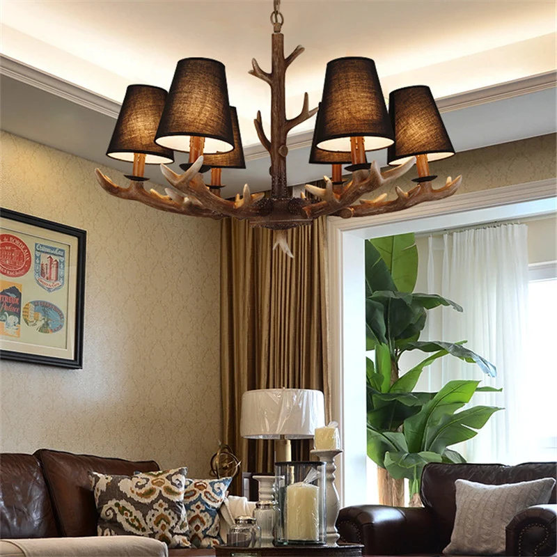 Taps toelopende woonkamerdruppellamp Traditionele stof 6 lampen Zwarte kroonluchter hanglamp met geweidecoratie Clearhalo