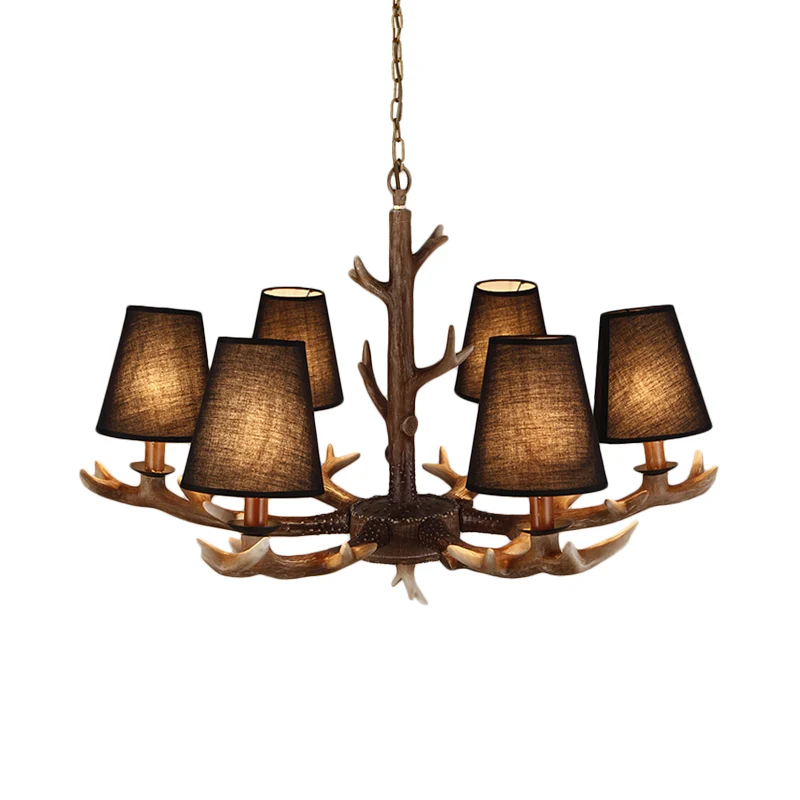Taps toelopende woonkamerdruppellamp Traditionele stof 6 lampen Zwarte kroonluchter hanglamp met geweidecoratie Clearhalo