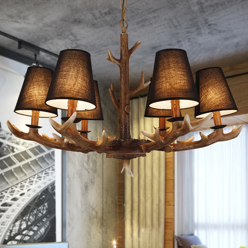 Taps toelopende woonkamerdruppellamp Traditionele stof 6 lampen Zwarte kroonluchter hanglamp met geweidecoratie Clearhalo