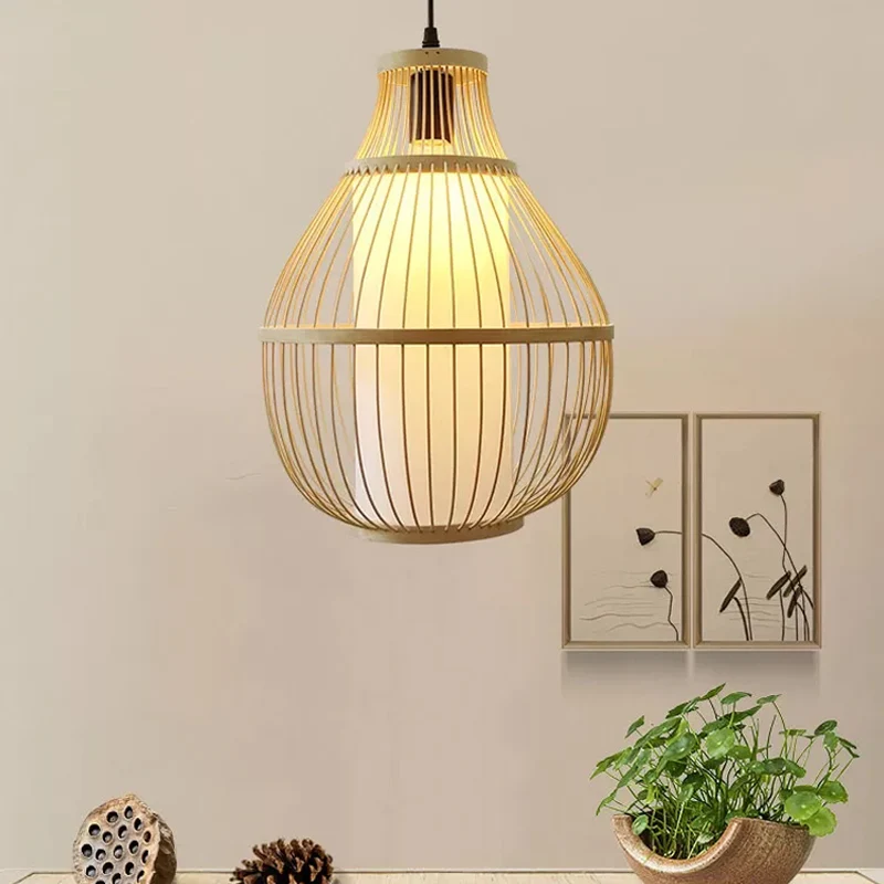 Teardrop Bamboe Down Lighting Hanglamp Eigentijds 1-Head Beige Plafond Hanglamp voor Eetkamer Clearhalo