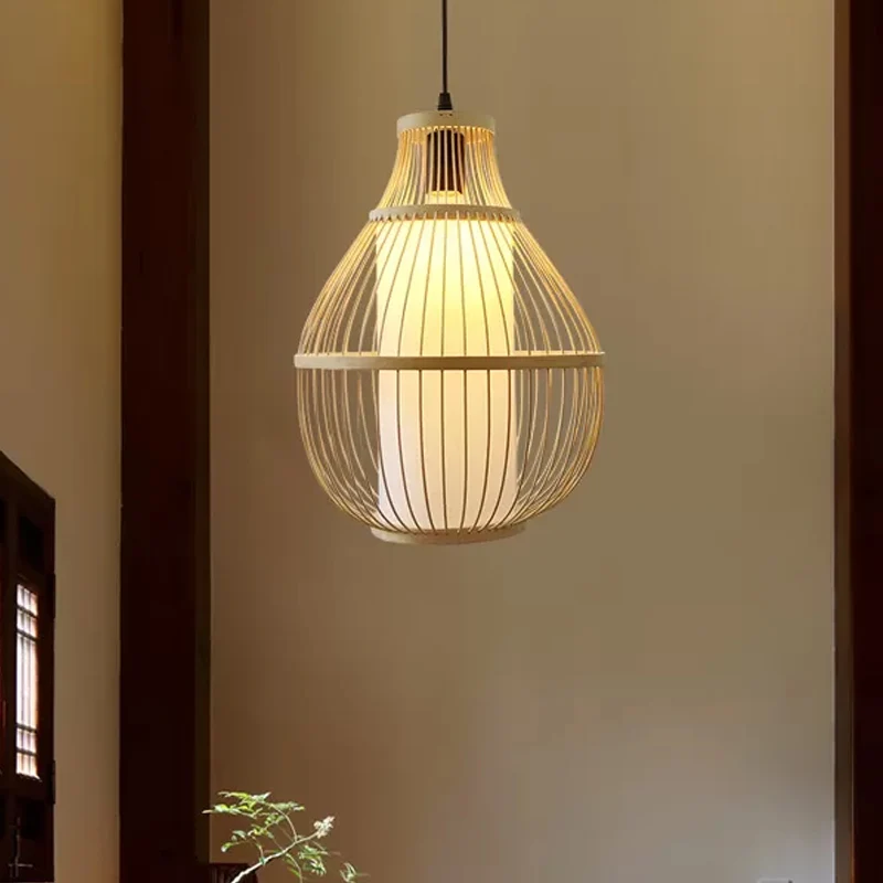 Teardrop Bamboe Down Lighting Hanglamp Eigentijds 1-Head Beige Plafond Hanglamp voor Eetkamer Clearhalo