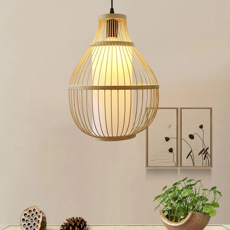 Teardrop hanglamp Lodge-stijl bamboe 1 kop beige hanglamp met binnencilinderpapieren kap Clearhalo