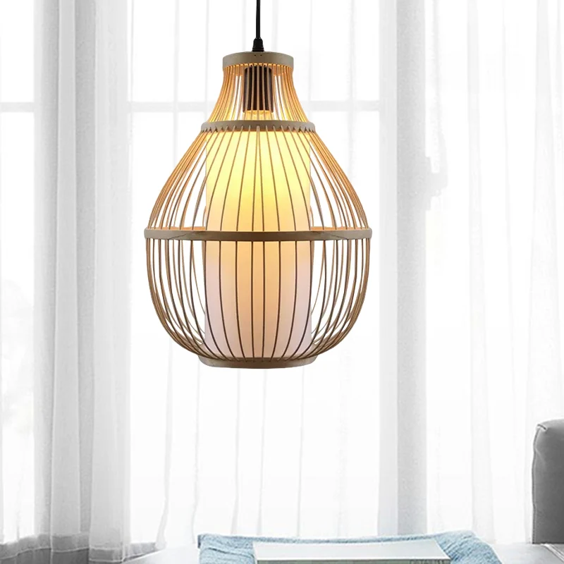 Teardrop hanglamp Lodge-stijl bamboe 1 kop beige hanglamp met binnencilinderpapieren kap Clearhalo