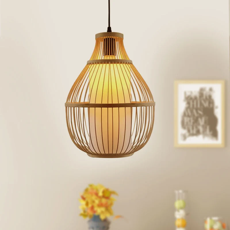Teardrop hanglamp Lodge-stijl bamboe 1 kop beige hanglamp met binnencilinderpapieren kap Clearhalo