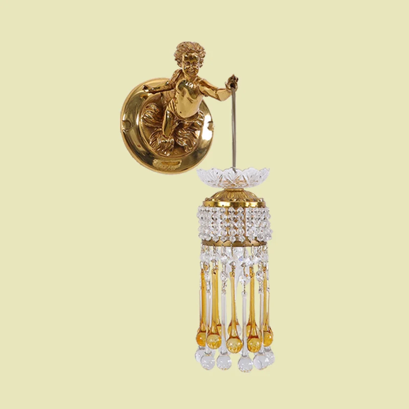 Teardrop woonkamerwandlamp Traditionalistisch helder en amberglas 1 lamp messing wandlamp met kristal en engelontwerp Clea...