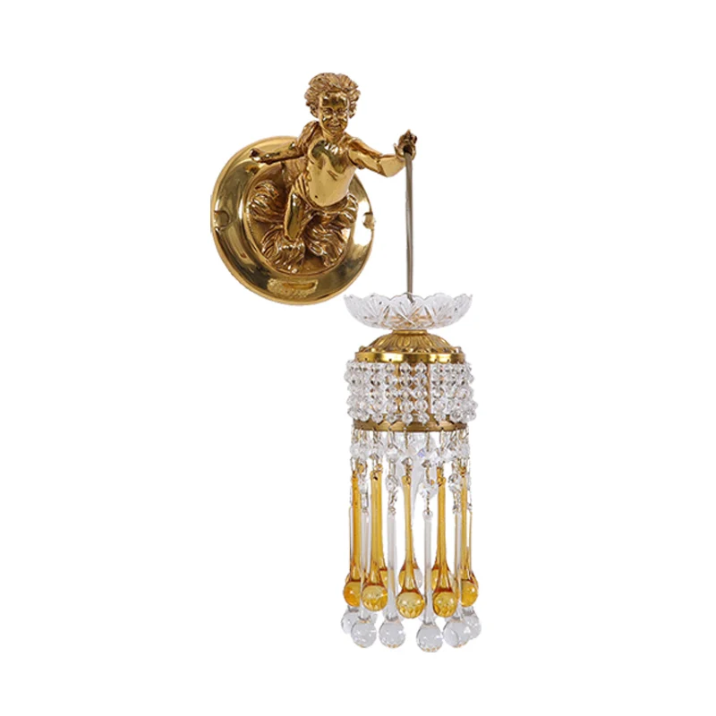 Teardrop woonkamerwandlamp Traditionalistisch helder en amberglas 1 lamp messing wandlamp met kristal en engelontwerp Clea...