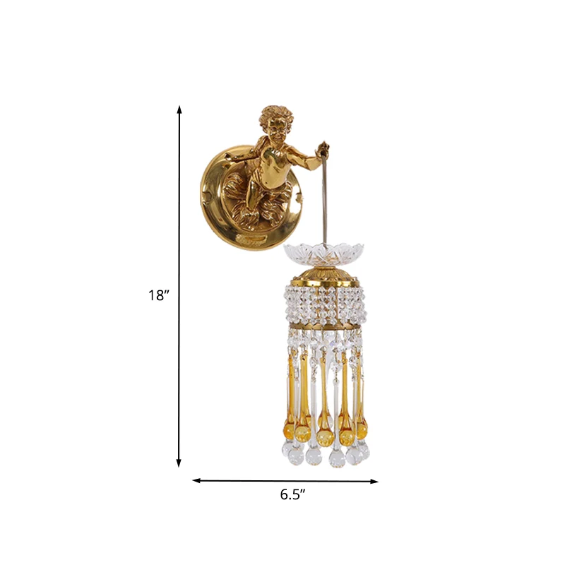 Teardrop woonkamerwandlamp Traditionalistisch helder en amberglas 1 lamp messing wandlamp met kristal en engelontwerp Clea...